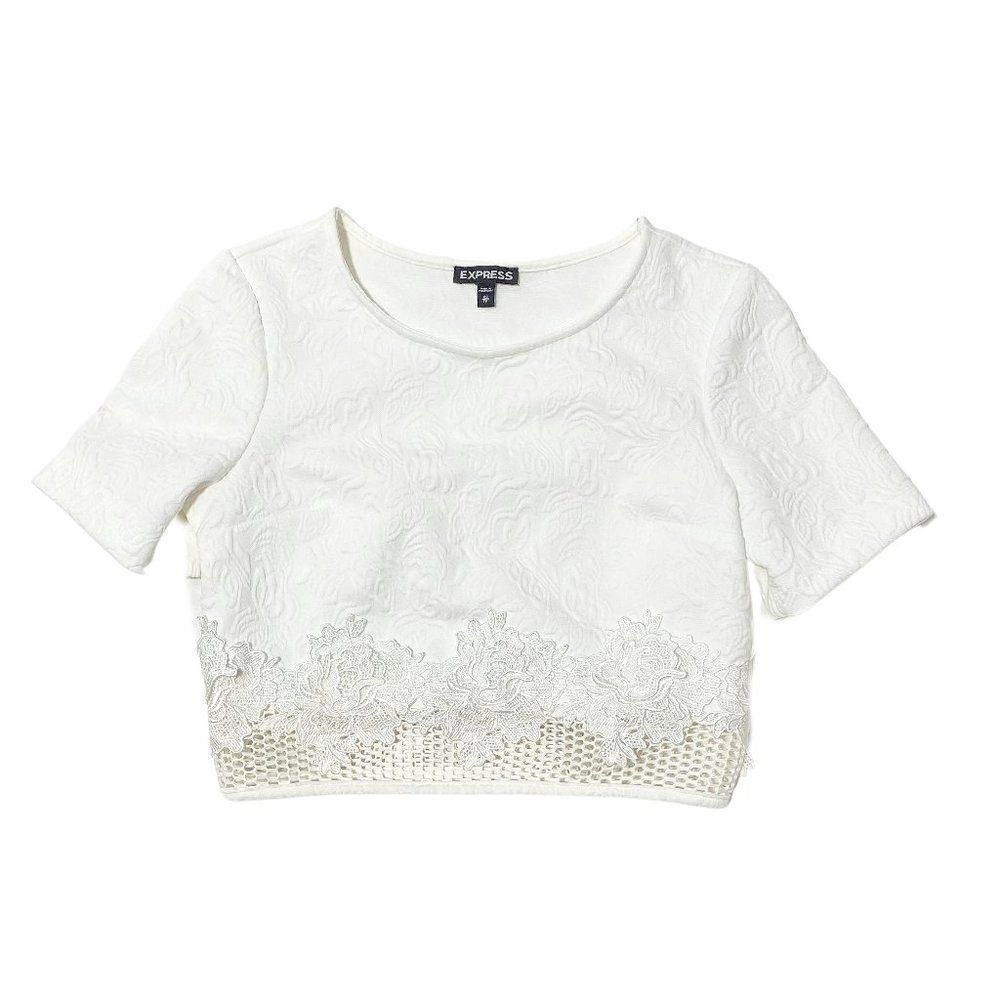VINTAGE Express Women's Floral Textured Embellished Short Sleeve Crop Top